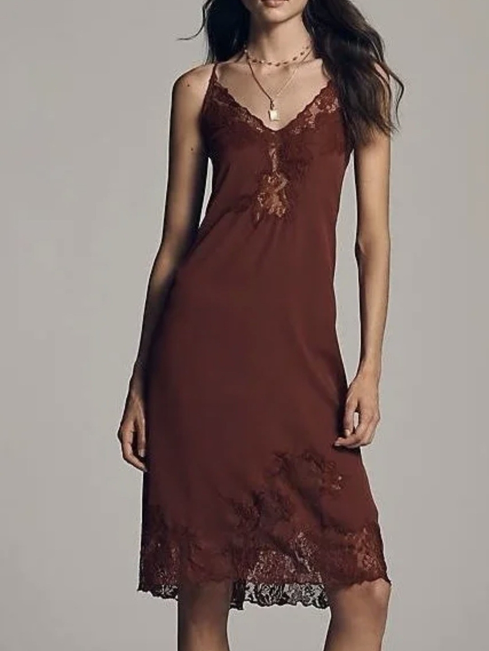 Anthropologie Silky Lace Midi Slip Dress from LyreBird in Madder Brown